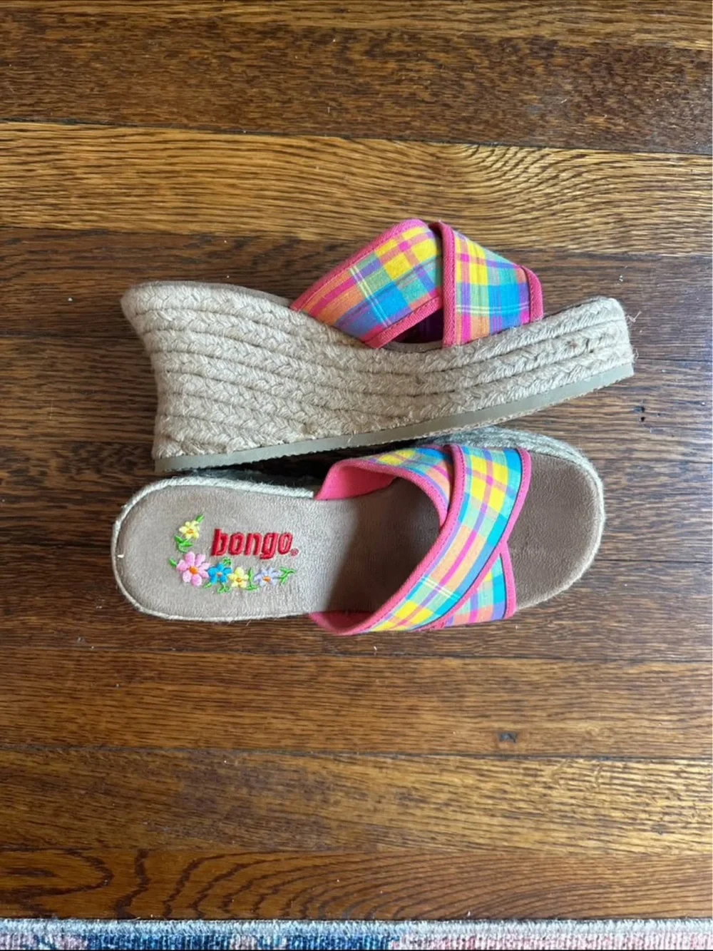 Skechers Pink Multi-Color Plaid Espadrille Wedge Sandals